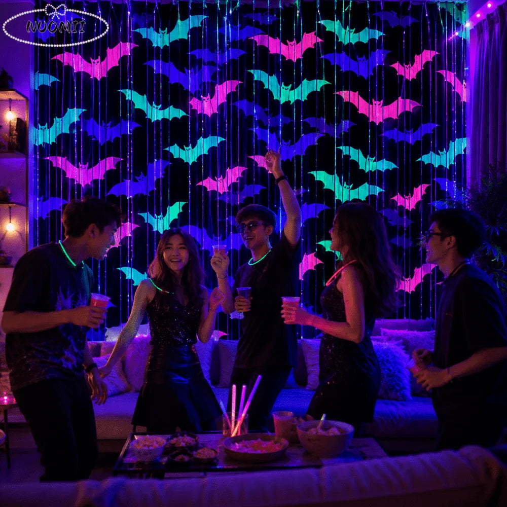 rideau guirlandes halloween chauves souris noir rose bleu vert violet opalescent