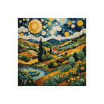 tapisserie broderie paysage rural montagnes champs maisons fleurs étoiles bleu vert Jaune toile cadre
