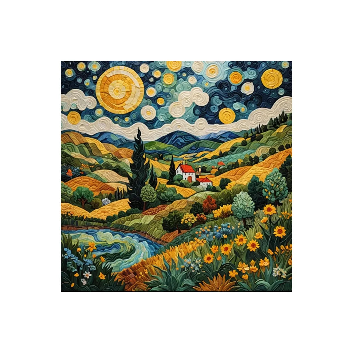 tapisserie broderie paysage rural montagnes champs maisons fleurs étoiles bleu vert Jaune toile cadre