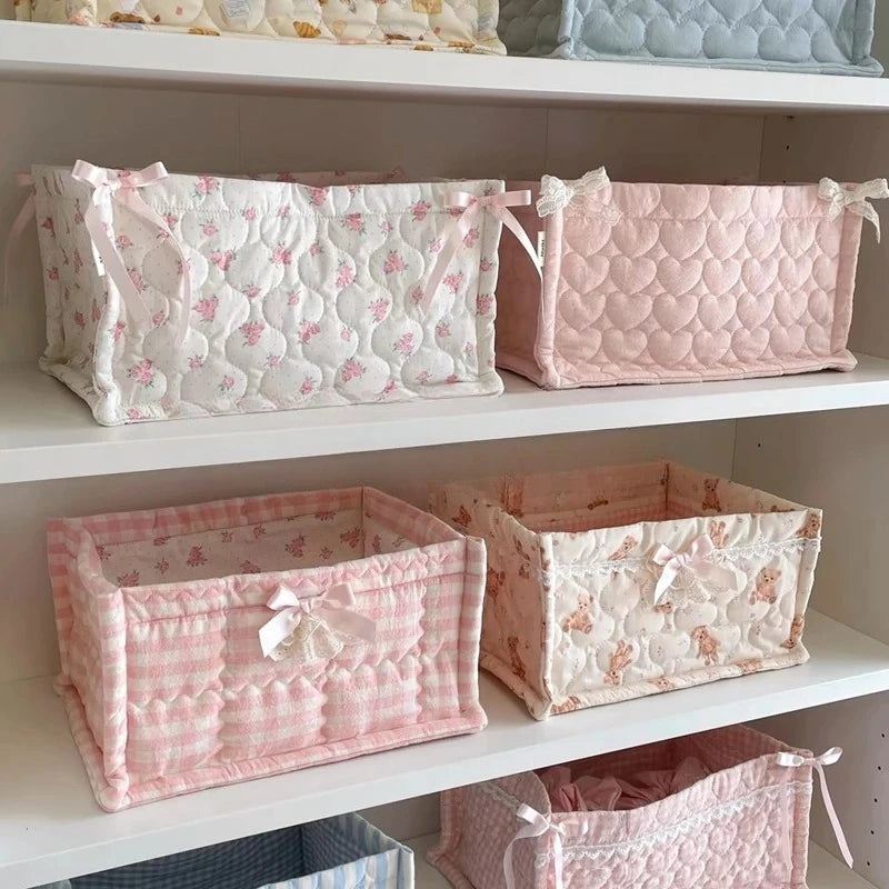 boîtes rangement coton motifs floraux rose blanc bleu vintage pliables utilisation multiple