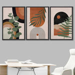 tableau abstrait géométrique feuilles contemporain minimaliste beige noir vert orange marron opacité 30x40cm 50x70cm