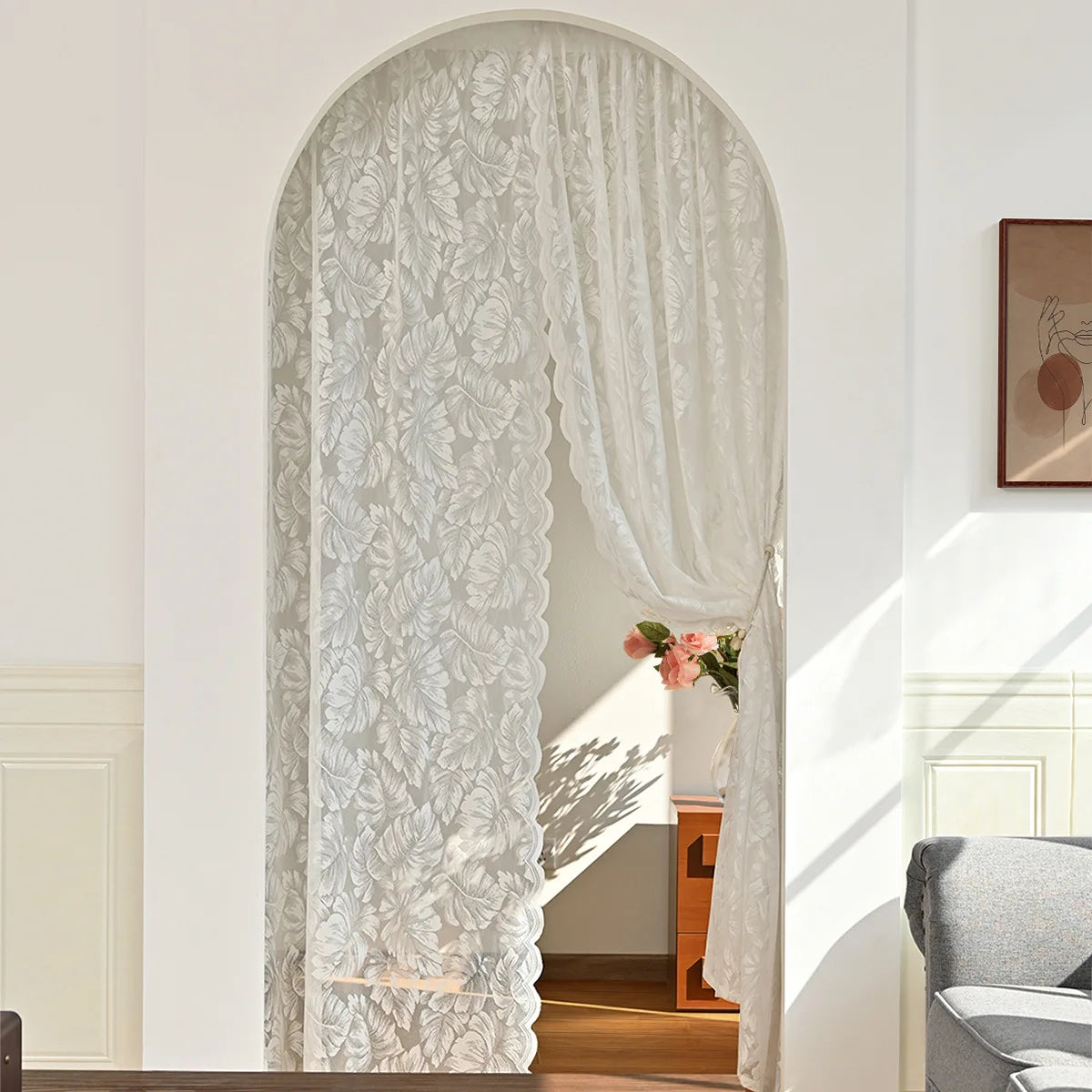 rideau blanc fleurs transparent classique deux panneaux salon chambre coucher decoration pastorale