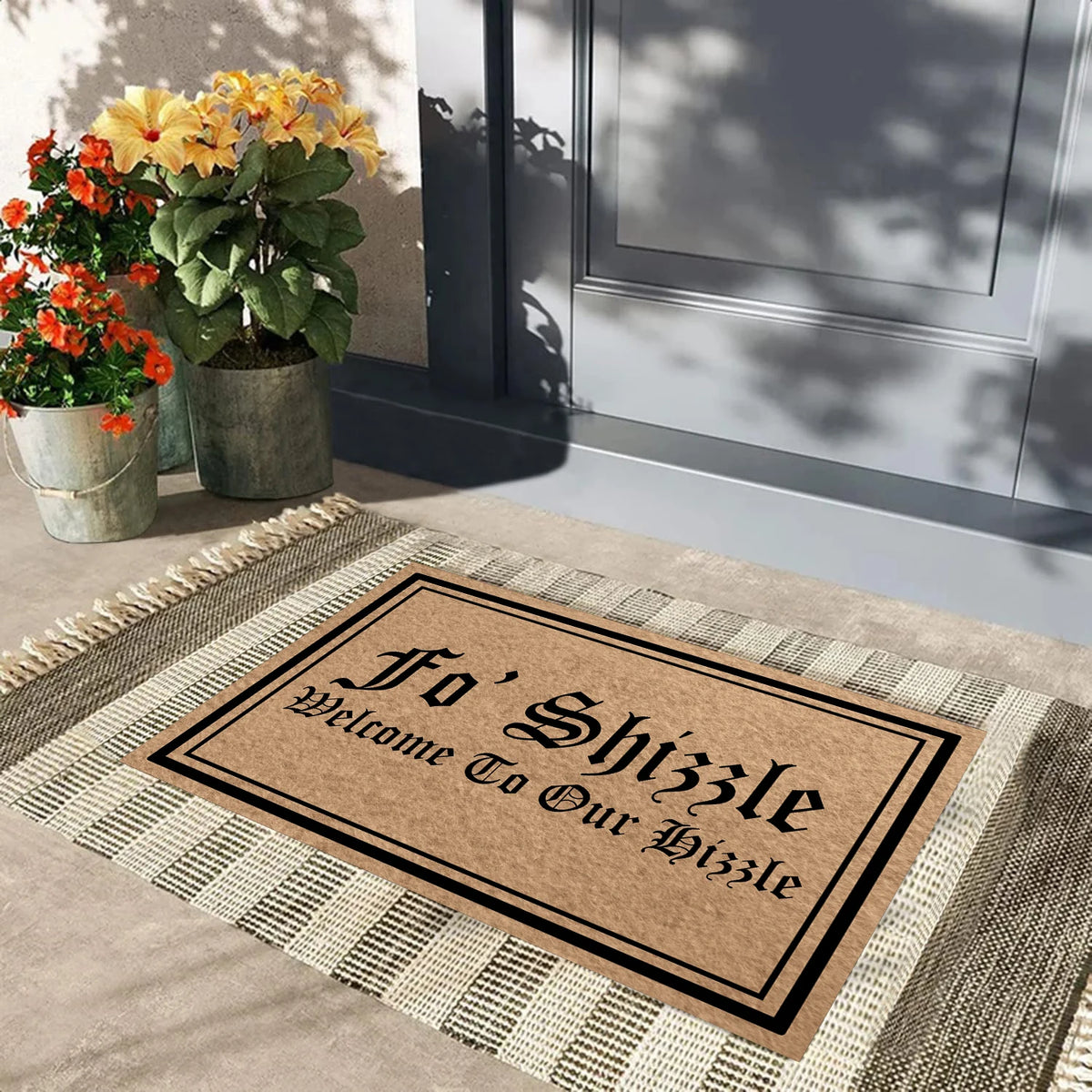 tapis d'entrée marron clair antidérapant résistant bactéries rectangulaire motif classique bordure noire
