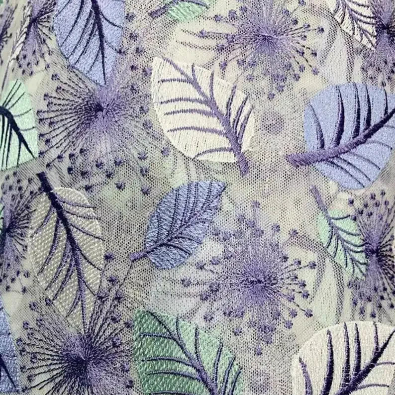 tissu moderne floral vert bleu rose opacité feuilles fleurs robe tutu voile