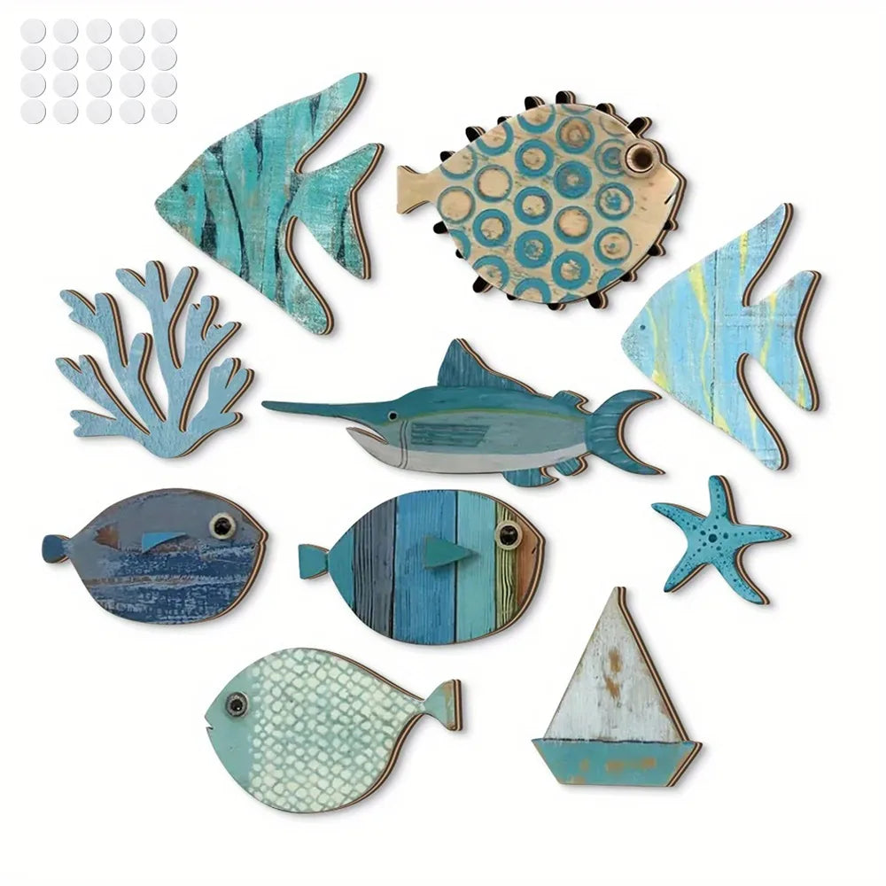 décorations murales poissons coraux bateaux marin rétro opaques lot 10 bleu blanc gris