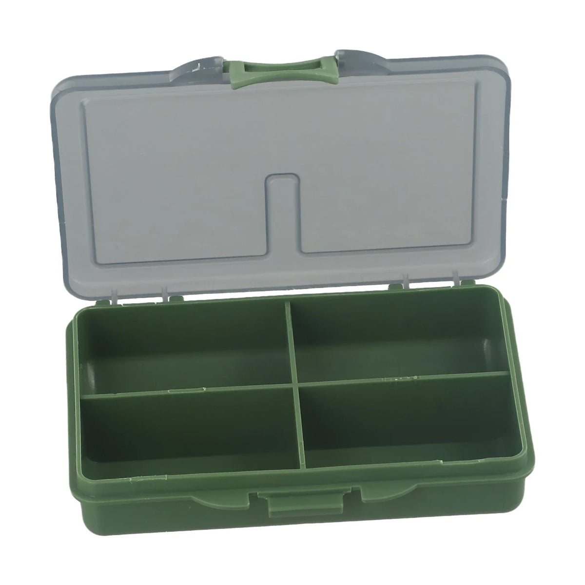 boîte pêche compartiments vert gris plastique lisse pratique compact poignée