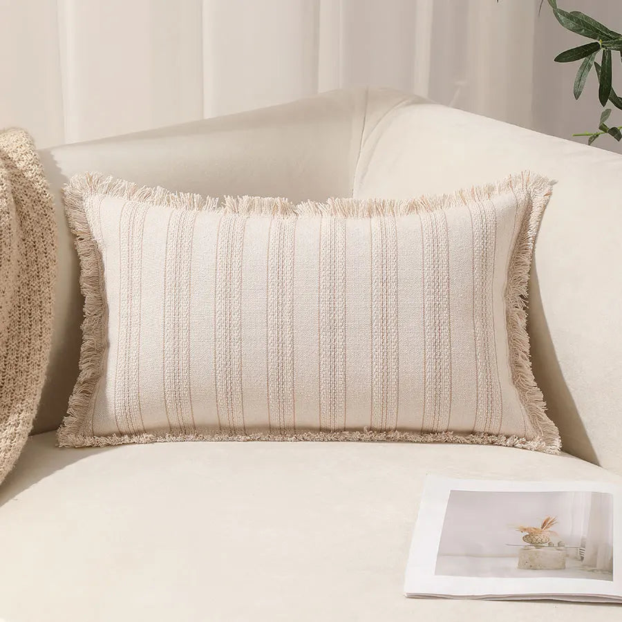 housse coussin boho chic rayé beige blanc rustique zipper 30x50cm