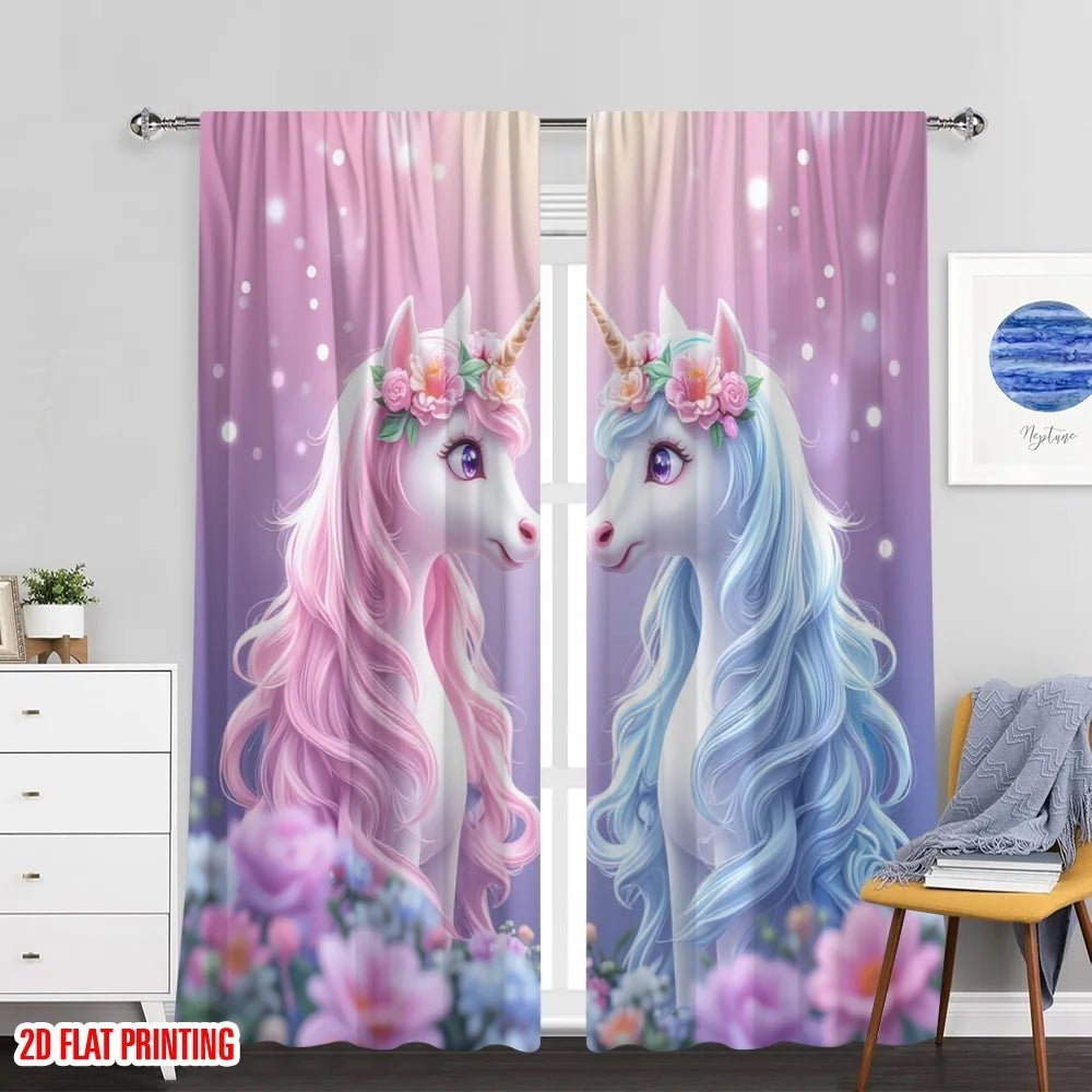 rideau licorne fleurs pastel polyester moderne rose violet blanc
