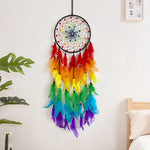 Un magnifique capteur de rêves multicolore, composé d'un cercle tressé de motifs géométriques et orné de longues plumes vibrant dans des teintes arc-en-ciel, suspendu au mur dans un intérieur lumineux.