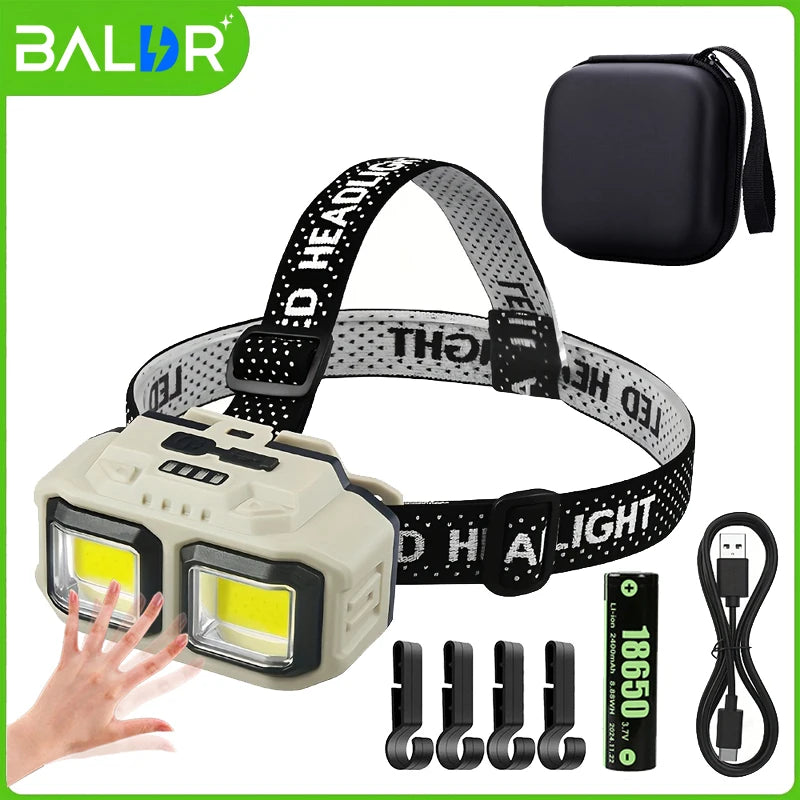 lampe frontale rechargeable usb tissu beige noir ceinture ajustable 30w 400 lumens ipx4