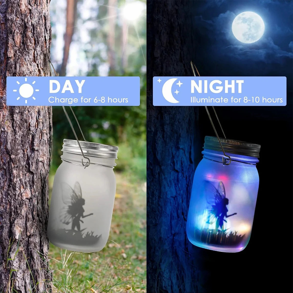 lanterne solaire décorative bocal LED effet vieilli silhouette fée anse métal argentéextérieur festive rustic