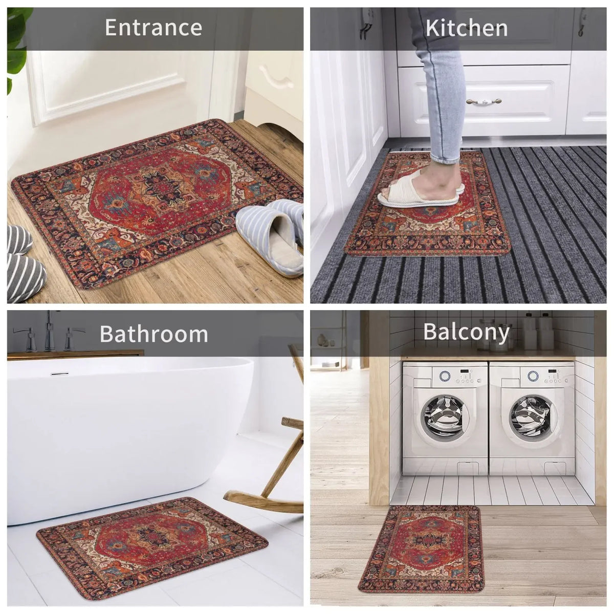 tapis ethnique traditionnel rouge bleu beige antidérapant intérieur extérieur doux porte sol cuisine