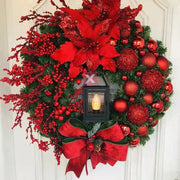 Couronne de Noël dorée avec lampe LED 45cm pour porte d'entrée, boules rouges et guirlande fleurie