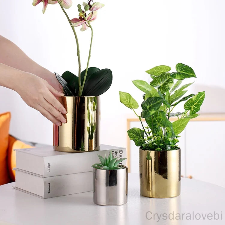 Cache pot en céramique électrolytique nordique finition or rose et argent