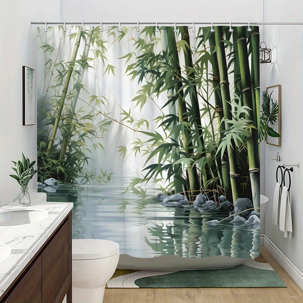 rideau douche bambou feuilles vert blanc gris nature opacité anneau fixe salle bain grande