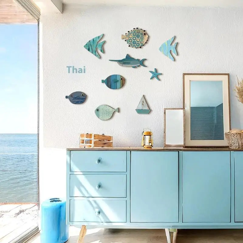 décorations murales poissons coraux bateau texture bois bleu vert beige adhésif deco marine