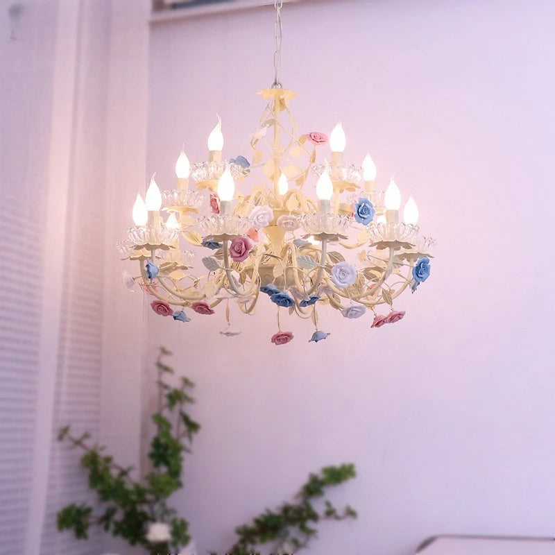 lustre cristal fleurs céramique blanc rose bleu vert classique romantique echangement tactile