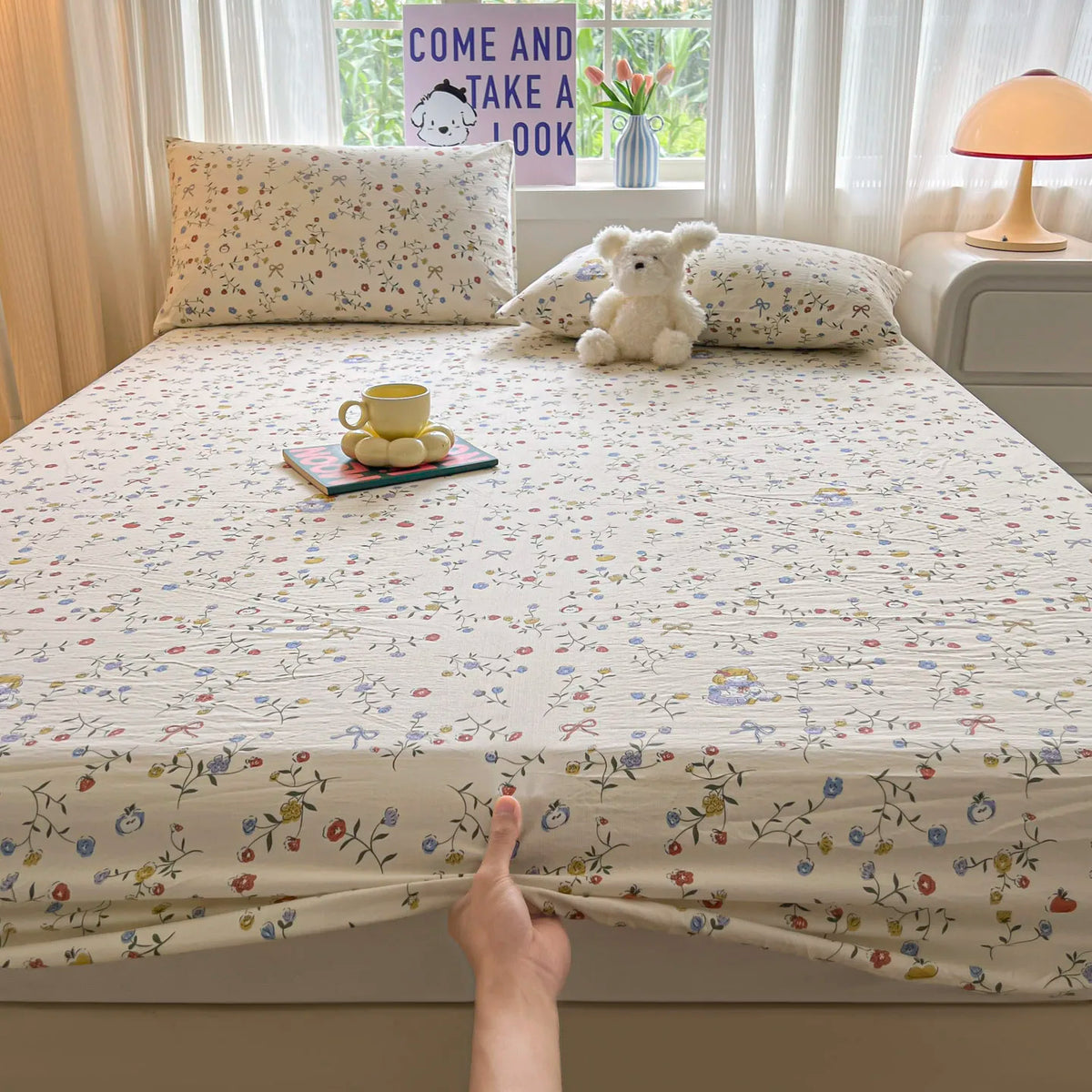 draps lit housse fleurs rubans beige moderne élastique coton polyester lit adulte double king