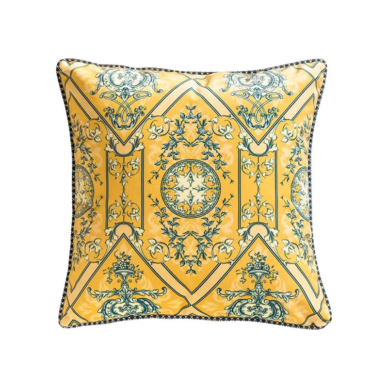 coussin jaune motif floral bleu classique tissu polyester respectueux environnement maison decoration adhésif