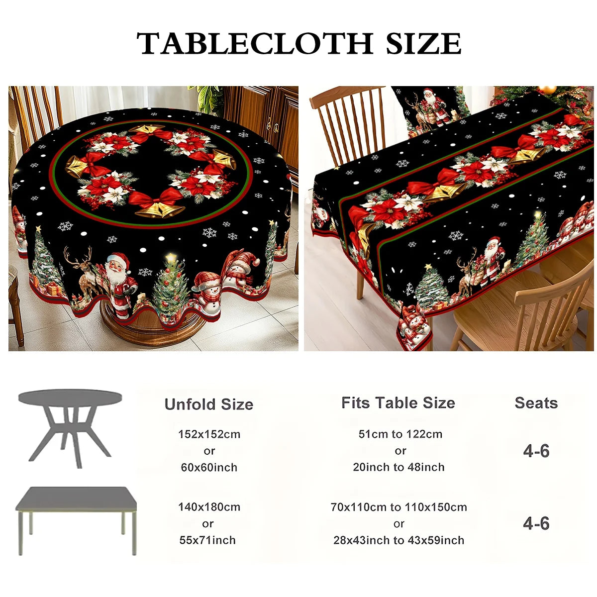 nappe noire noël motifs santas flocons ornement table maison fête banquets roues festive