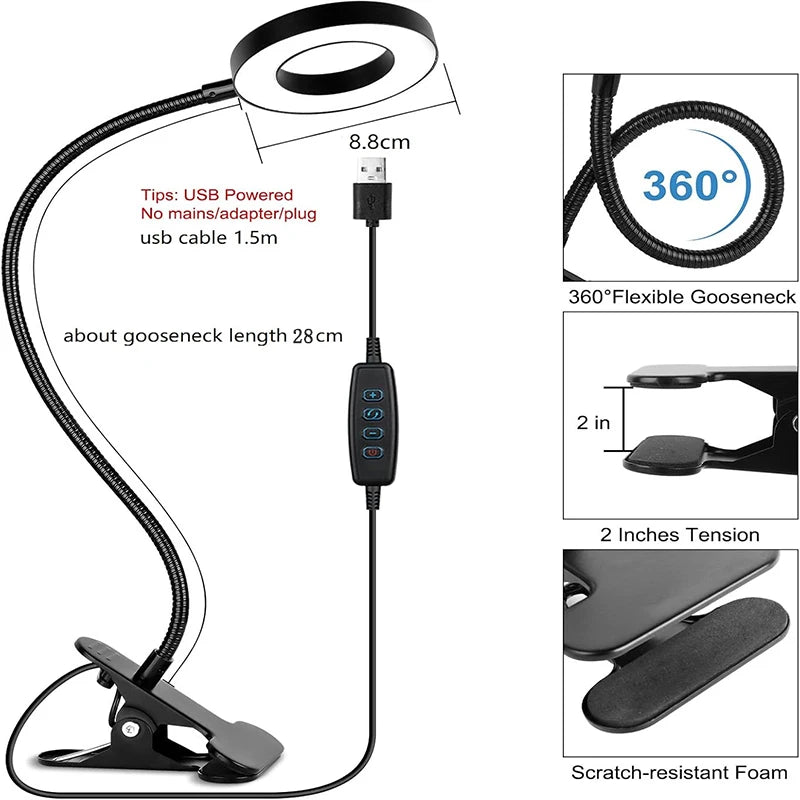 lampe clip flexible 360° noir réglable 10 niveaux luminosité USB