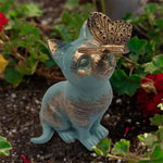 statue chaton papillon résine bleu turquoise doré aspect vieilli patio jardin