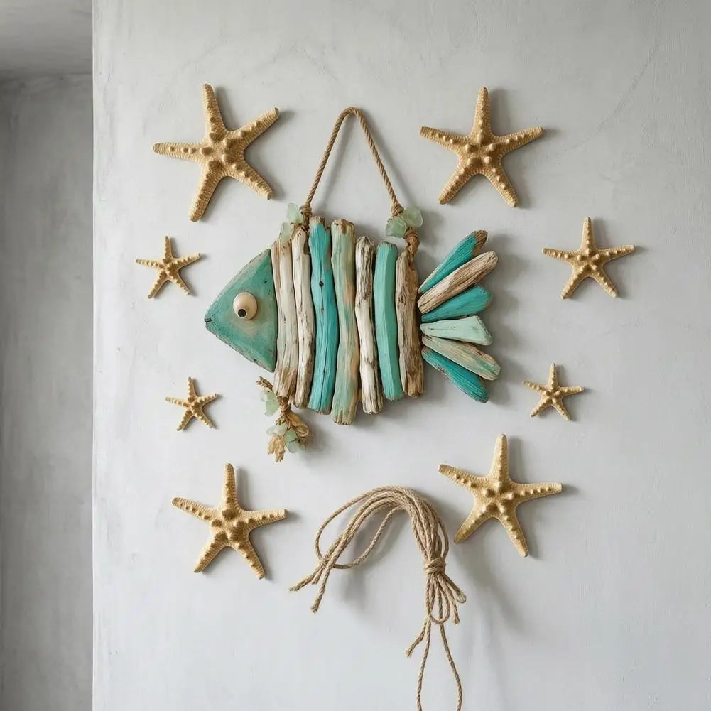 décoration murale poisson bois flotté vert clair rustique artisanal cordelette enchanvre