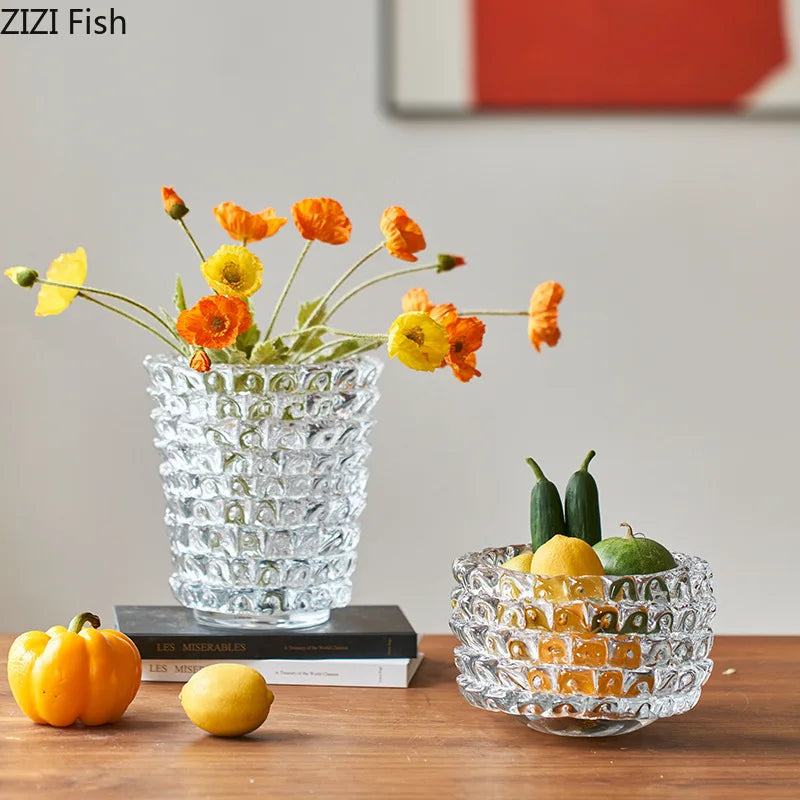 vase verre transparent moderne réticulé arrangement fleurs artificielles fruits décoration