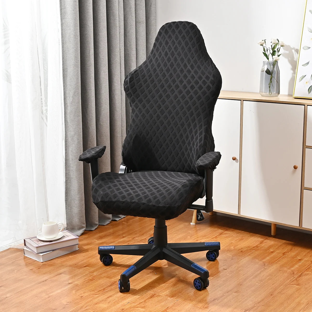housse chaise gris moderne carreaux géométriques zip polyester/fauteuil brodé