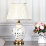 lampe table moderne abat jour fleurs oiseaux classique blanc doré vintage
