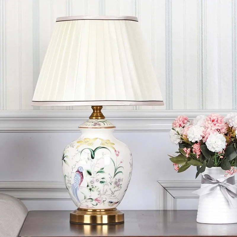 lampe table moderne abat jour fleurs oiseaux classique blanc doré vintage
