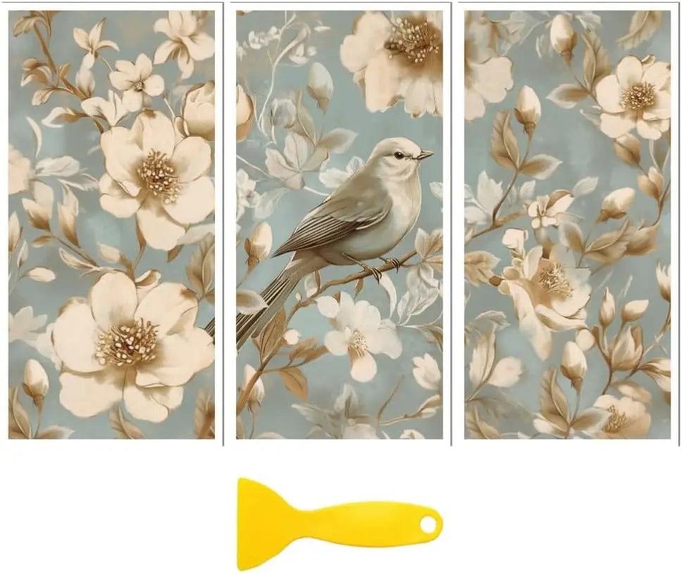 sticker mural vintage fleurs oiseaux bleu clair beige blanc adhésif couteau inclusion