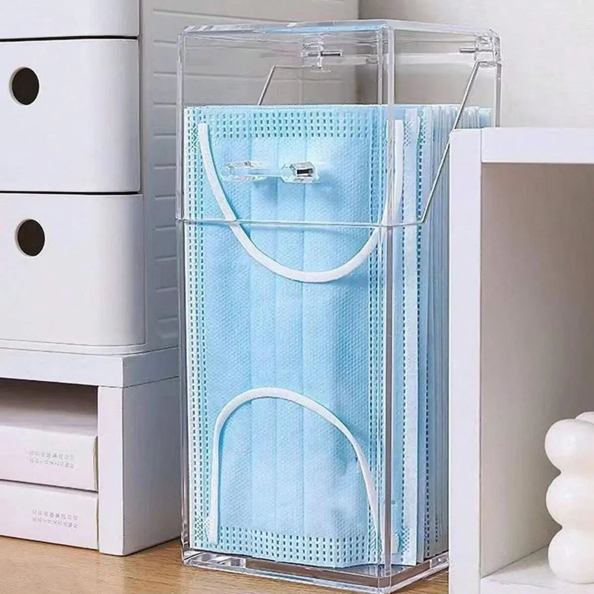boîte rangement masques jetables transparente bleu clair moderne pratique poignées blanches 50pcs 40pcs