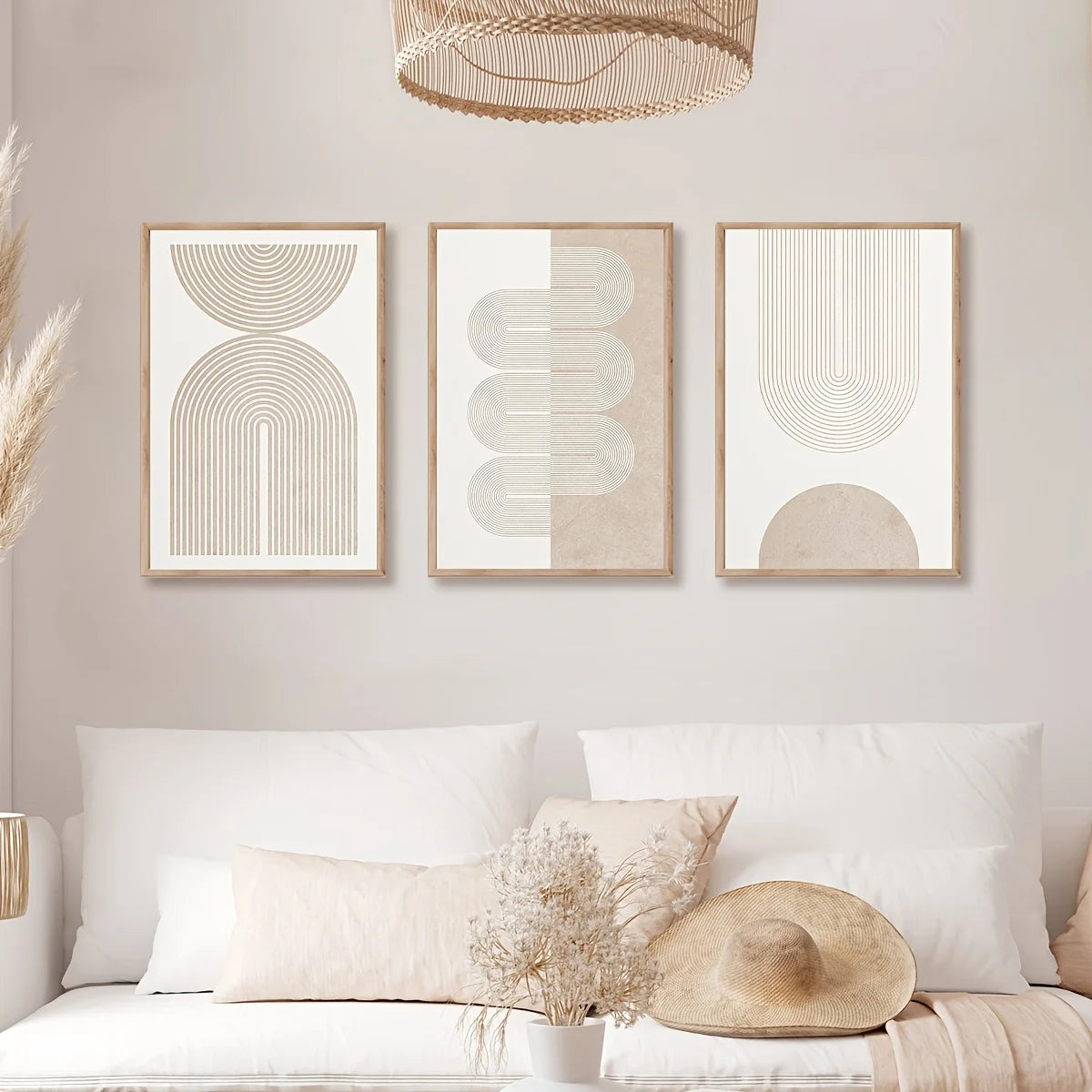 tableaux modernes abstraits toile minimaliste pièces géométriques arcs lignes parallèles beige blanc marronclair