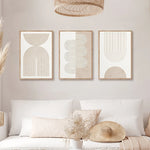 tableaux modernes abstraits toile minimaliste pièces géométriques arcs lignes parallèles beige blanc marronclair