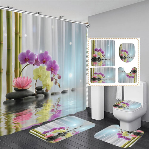 tapis bain antidérapants rideau douche bambou motifs naturels thème zen moderne vert blanc rose