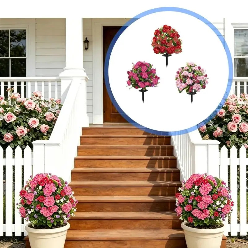 bouquet artificiel fleurs rose rouge blanc feuilles vertes modernes extérieures piquet noir pot blanc