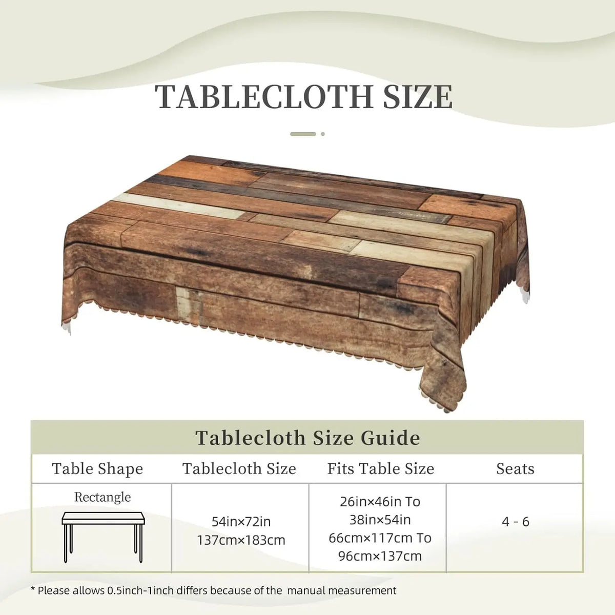 nappe table bois vieilli marron beige rustique vintage rectangle réutilisable polyester modernisée assiettes couverts