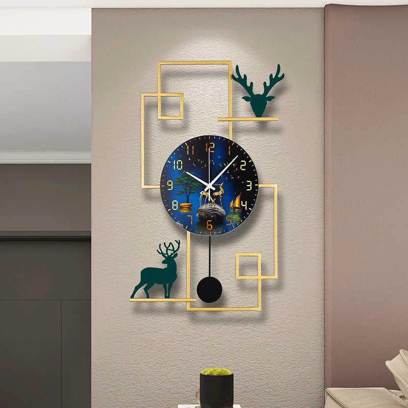 horloge murale moderne bleu doré motif paysage marin bateaux arbres montagnes aiguille métal sans