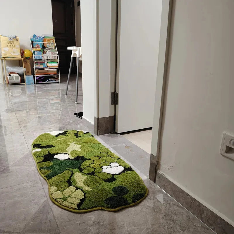 tapis velours polyester antidérapant fleurs blanches vert moderne chambre salon decoration interieur travel camping