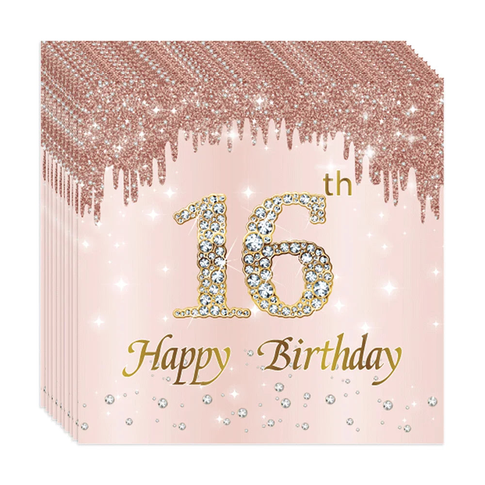 serviettes fête élégantes rose pâle strass dorés texte happy birthday anniversaire strass chiffres festive