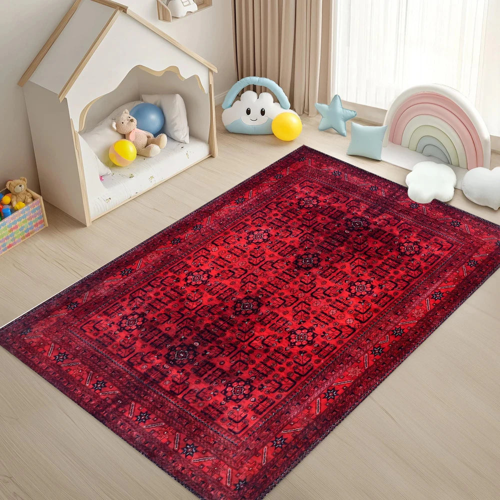 tapis ethnique géométrique rouge noir salon chambre décoration maison motifs floraux 40x60cm 50x80cm 80x120cm