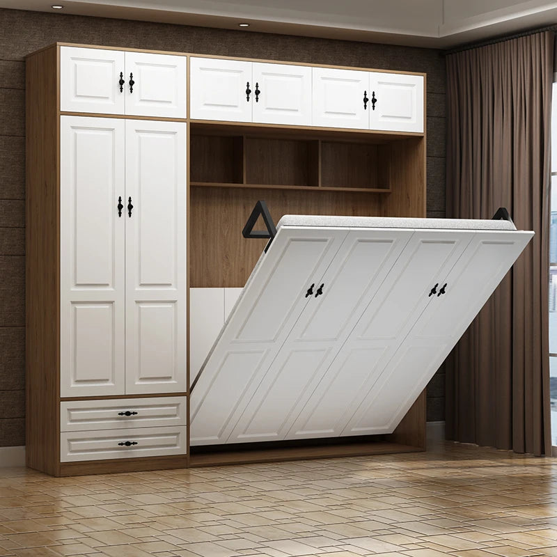 lit armoire combi blanc moderne tiroirs rangement tête lit minimaliste chambre bois clair