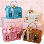 panier rangement osier motif maison fenêtres porte vintage bleu vert rose marron beige poignée