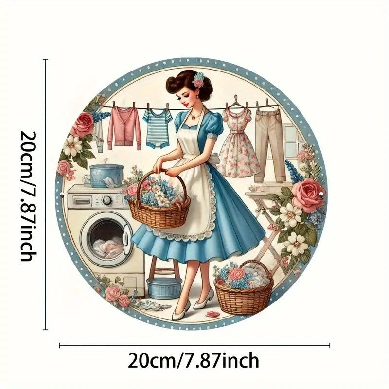 décoration murale vintage plaque bois fleurs vêtements suspendus machine lave bleu blanc rose vert