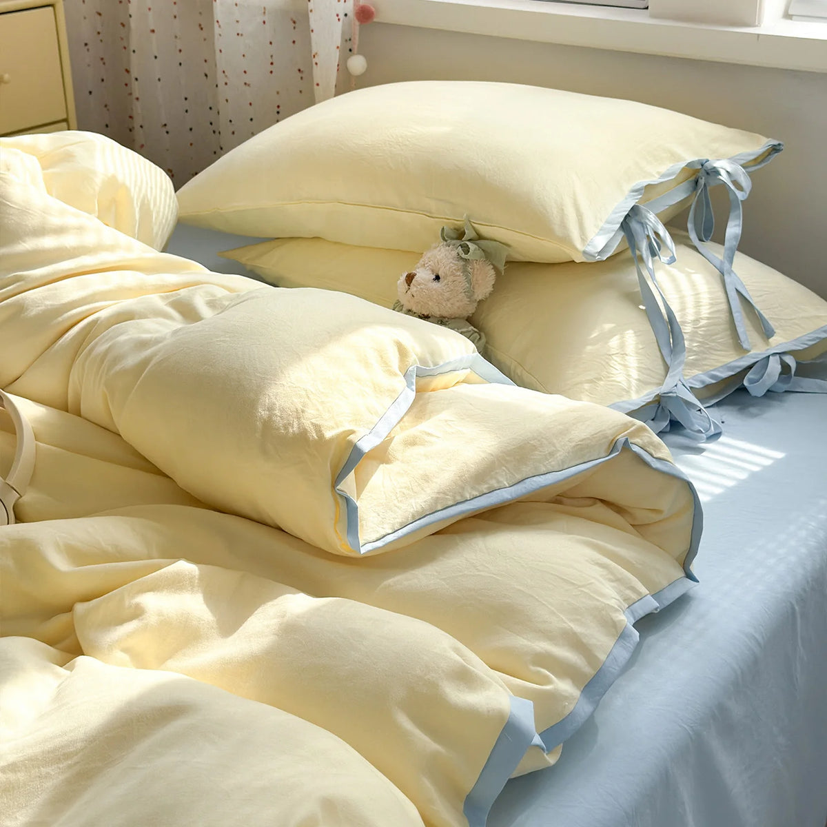 ensemble literie jaune bleu 150x200cm 180x220cm 200x230cm taies oreillers bord festonné