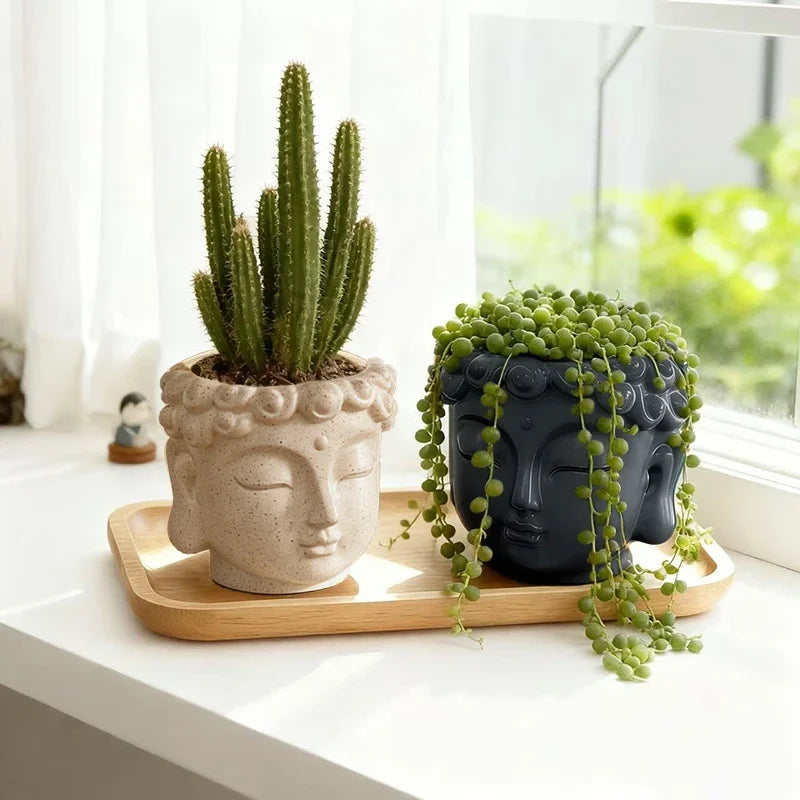 pots fleurs forme bouddha résine époxy zen décoration jardin succulentes cactus plateau bois crème
