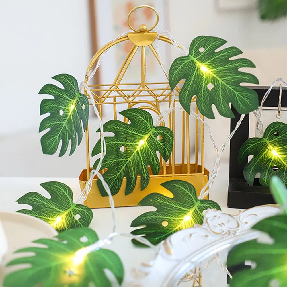guirlande feuilles vertes led festives decoration feuille monstera lumiere jaune deco mur plantes artificielles