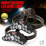 lampe frontale led rechargeable camping pêche rayures noires orange ceinture ajustable haute luminosité usb