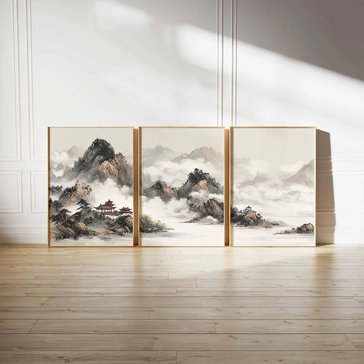 tableaux paysages montagneux nuages encre traditionnelle artistique decoration murale beige gris noir blanc moderne